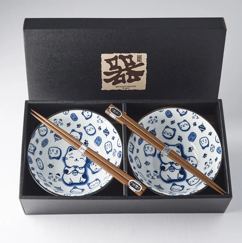 Japansk Keramik Sæt 2 Skåle Med Spisepinde Maneki Neko